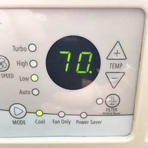 A/C units with a digital display should be set to 70 on the Temp scale, with Low fan speed and in Cool mode.