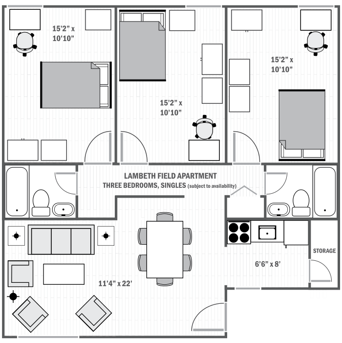 Sample floor plan, Lambeth three-bedroom with singles