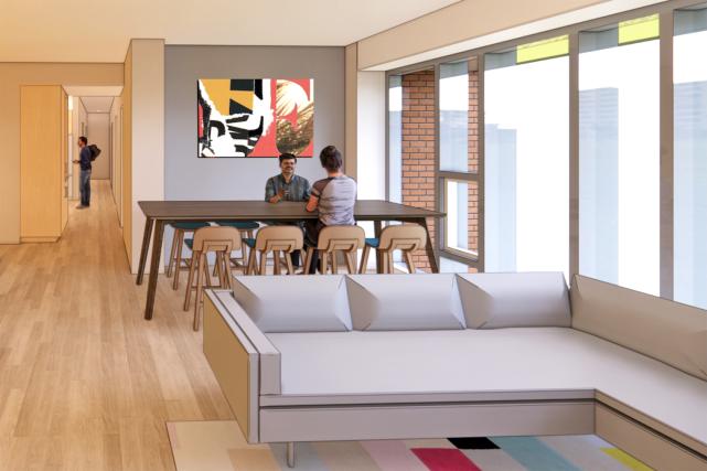 Artist's rendering of a Gaston/Ramazani House apartment living/dining space