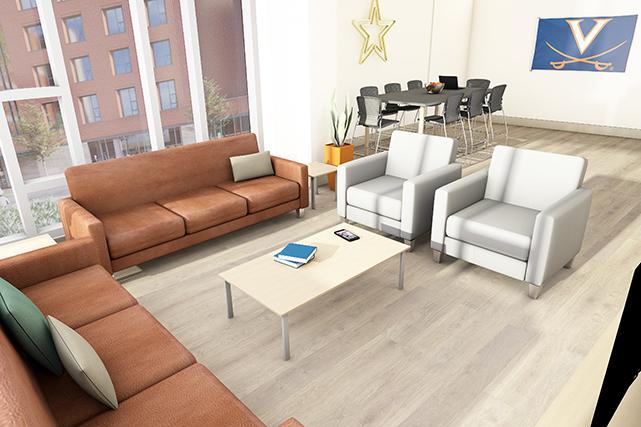Rendering of Gaston/Ramazani apartment living/dining space furniture