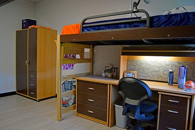 Rooms have lofted beds, desks, chairs, dressers, and wardrobes